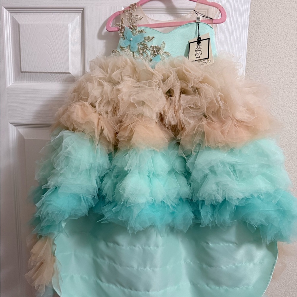 Itty Bitty Toes Aqua and Beige Formal Dress
